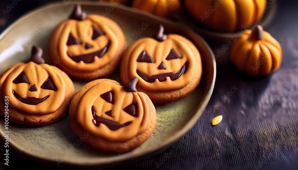 Halloween cookies shaped like pumpkins with happy Jack-o'-lantern faces, arranged neatly on a rustic dish. The vibrant orange icing contrasts with the dark background. Halloween cookies shaped like pumpkins with happy Jack-o'-lantern faces, arranged neatly on a rustic dish. The vibrant orange icing contrasts with the dark background.