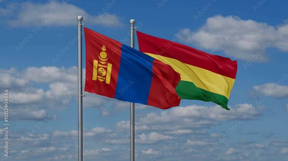Bolivia and Mongolia flags flying together, video concept of the relationship, two country relations concept Bolivia and Mongolia flags flying together, video concept of the relationship, two country relations concept