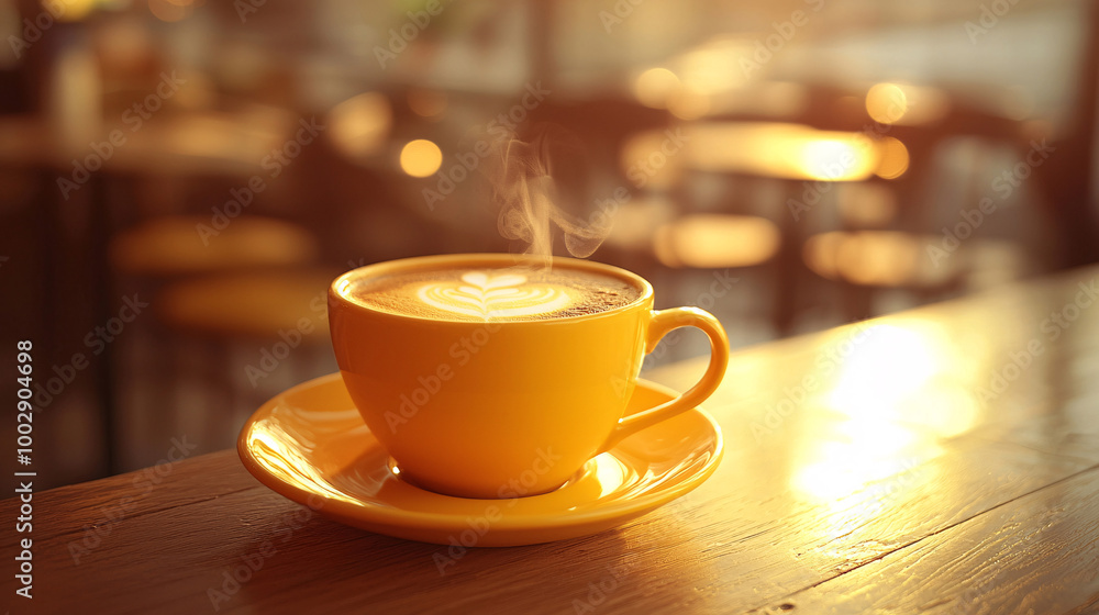 Hot coffee in a coffee cup and many coffee placed on table in a warm, light atmosphere, on dark background Hot coffee in a coffee cup and many coffee placed on table in a warm, light atmosphere, on dark background