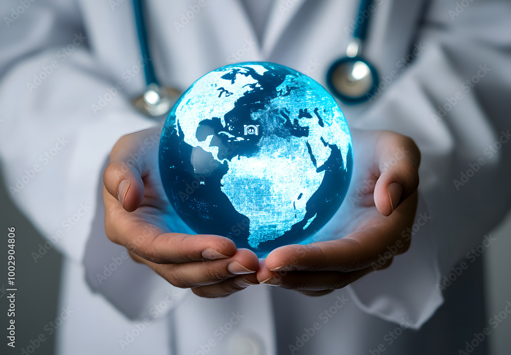 Doctor Holding Digital Globe Symbolizing Global Healthcare and Medical Innovation Doctor Holding Digital Globe Symbolizing Global Healthcare and Medical Innovation