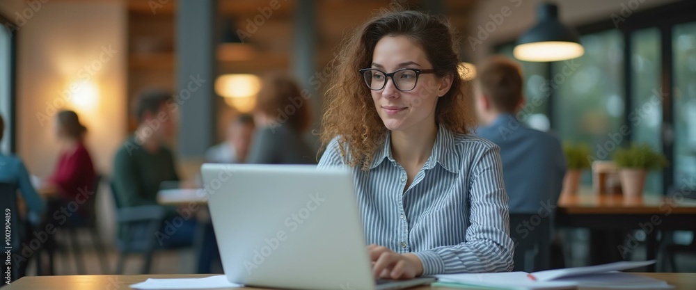 Focused Young Woman Working on Laptop in Cozy Cafe, Freelance Lifestyle, Remote Work Concept Focused Young Woman Working on Laptop in Cozy Cafe, Freelance Lifestyle, Remote Work Concept