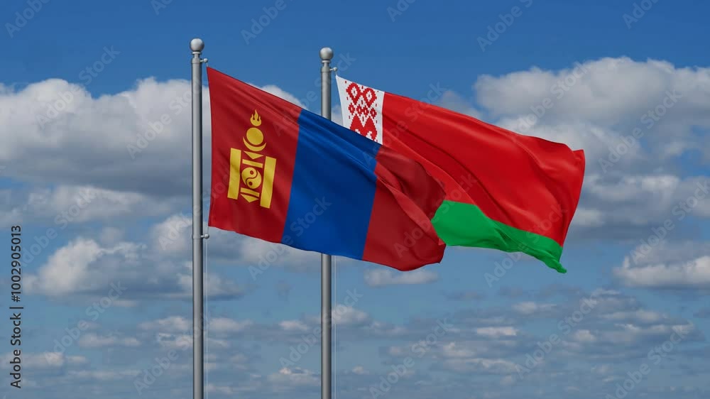 Belarus and Mongolia flags flying together, video concept of the relationship, two country cooperation concept Belarus and Mongolia flags flying together, video concept of the relationship, two country cooperation concept
