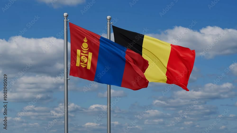 Belgium and Mongolia flags flying together, video concept of the relationship, two country relations concept Belgium and Mongolia flags flying together, video concept of the relationship, two country relations concept