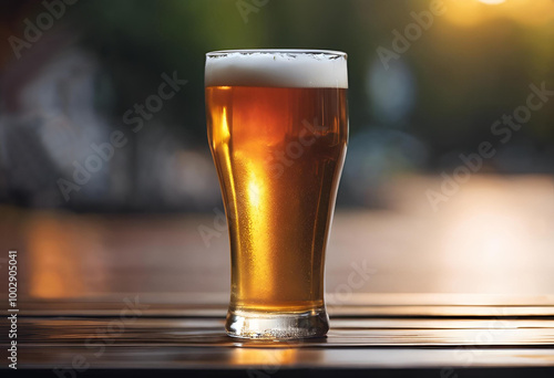 Refreshing beer in a glass mug on a wooden table inside a warm and inviting bar during the evening photo