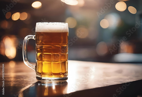 Refreshing beer in a glass mug on a wooden table inside a warm and inviting bar during the evening photo