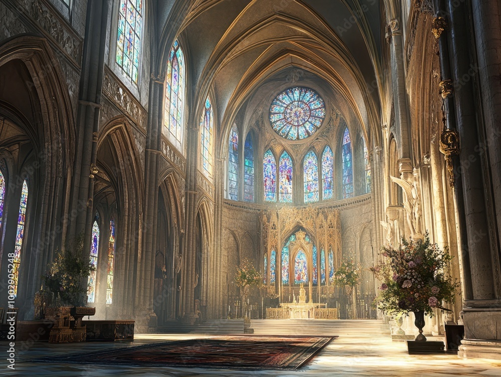 Fototapeta premium Beautifully lit interior of a grand Gothic cathedral with colorful stained glass windows.