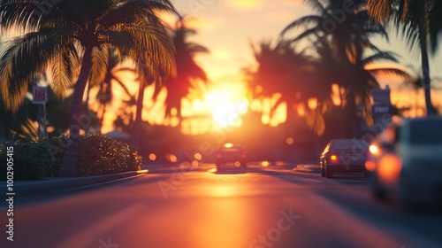 A blurry image of a street with cars and palm trees in the background photo