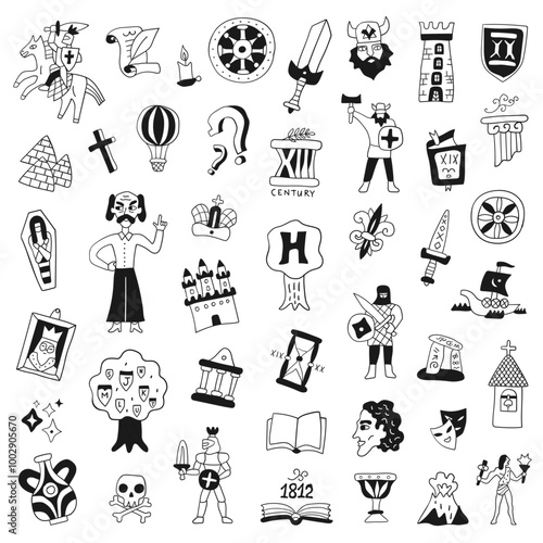  Symbols of history doodle set, hand drawn people characters, historical monuments, objects and signs isolated vector elements