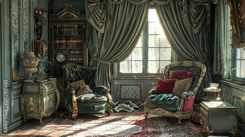 A sunlit, opulent living room with plush velvet armchairs, ornate furniture, and rich drapes.