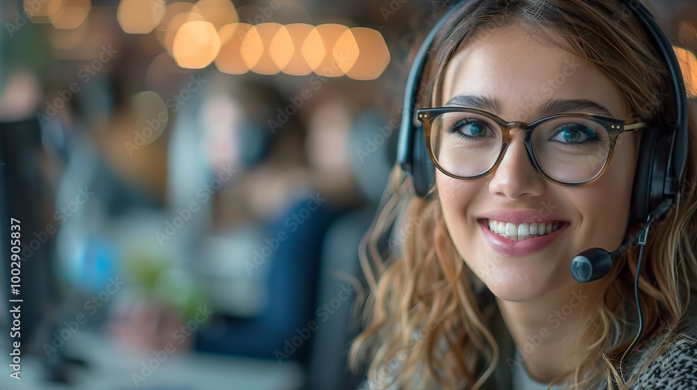 smiling woman in a headset at a busy call center, showcasing professionalism and customer service in a modern workspace. smiling woman in a headset at a busy call center, showcasing professionalism and customer service in a modern workspace.