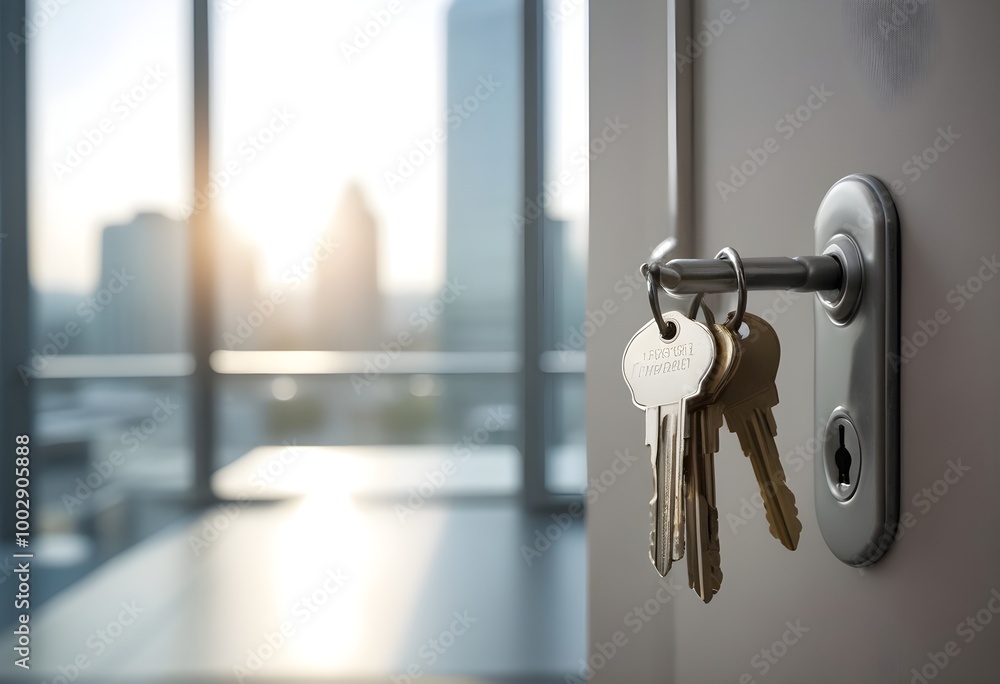 A set of house keys hanging on a door handle in an office setting, with a blurred background of a window and cityscape A set of house keys hanging on a door handle in an office setting, with a blurred background of a window and cityscape