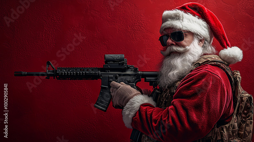 Santa Claus with assault rifle, copy space