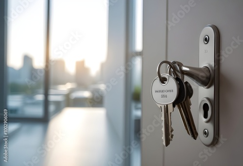 A set of house keys hanging on a door handle in an office setting, with a blurred background of a window and cityscape