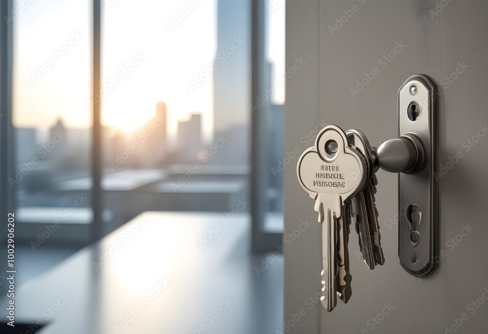 A set of house keys hanging on a door handle in an office setting, with a blurred background of a window and cityscape A set of house keys hanging on a door handle in an office setting, with a blurred background of a window and cityscape