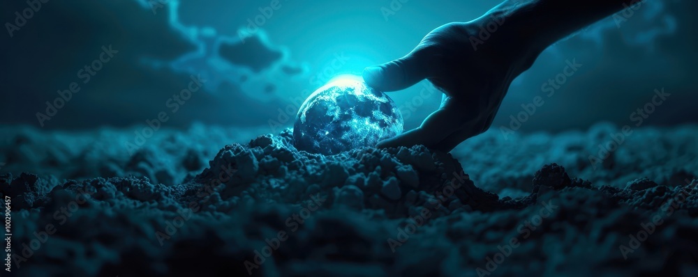 Fototapeta premium A hand reaching towards a glowing orb in a dark, mystical landscape.