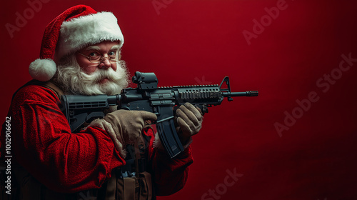 Santa Claus with assault rifle, copy space