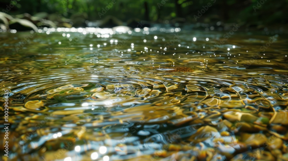 Fototapeta premium Close-up of ripples in a clear stream with sunlight reflecting off the water.