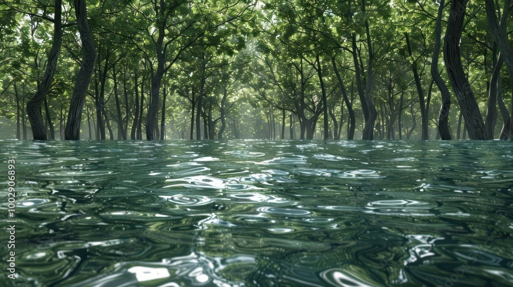 Fototapeta premium A serene and peaceful flooded forest, the sun shining through the canopy creating a sense of tranquility.
