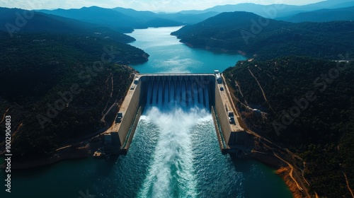 Aerial view of a dam releasing water into a serene lake surrounded by hills.