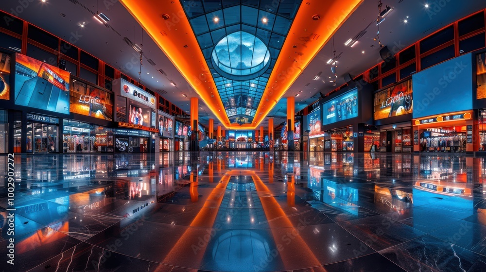 A visually stunning, modern shopping mall interior with vivid lighting, reflective floors, and vibrant retail displays, showcasing a dynamic and futuristic architectural design