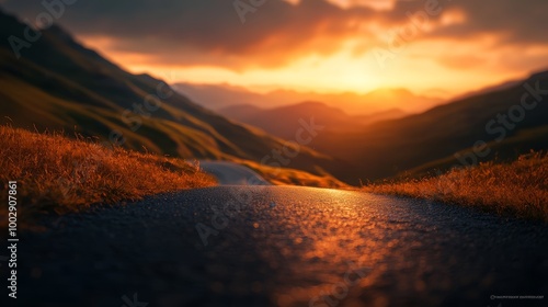 A camera lens reflecting a winding road disappearing into a sunset-lit mountain landscape, blending photography with the journey of exploration photo