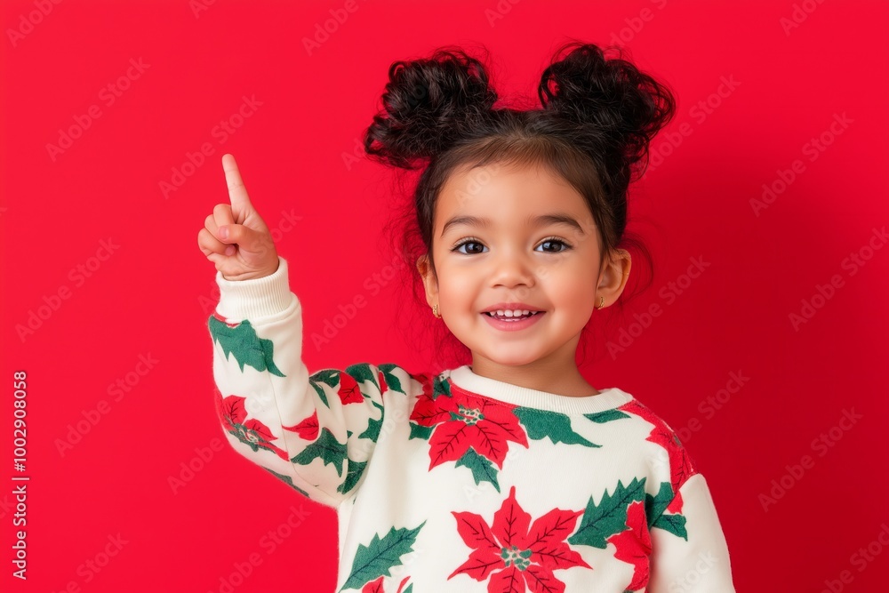 smiling little girl wearing sweatshirt with poinsettia floral print clothes with pointing up gesture and copy space, red background smiling little girl wearing sweatshirt with poinsettia floral print clothes with pointing up gesture and copy space, red background