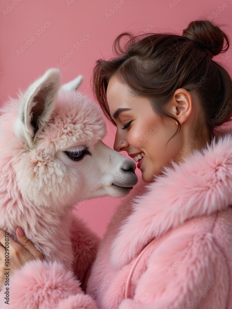 Portrait of a young woman with a pink llama. Portrait of a young woman with a pink llama.