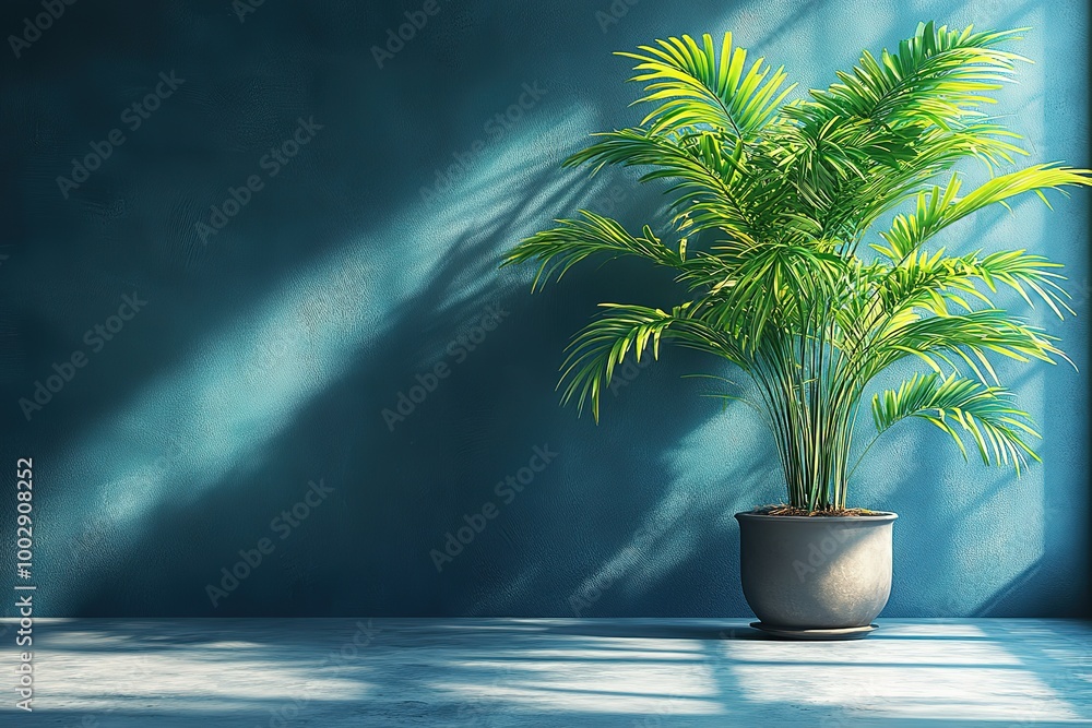A large palm tree is sitting in a large pot in a room with a blue wall A large palm tree is sitting in a large pot in a room with a blue wall