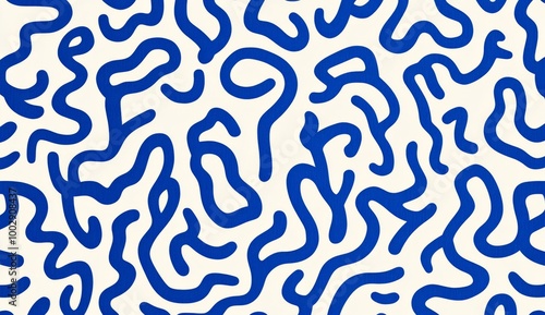 Blue and white pattern of squiggles on a plain white background