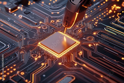 Advanced robotic assembler placing a microchip onto a glowing circuit board, reflecting the fusion of technology, robotics, and the future of electronics production