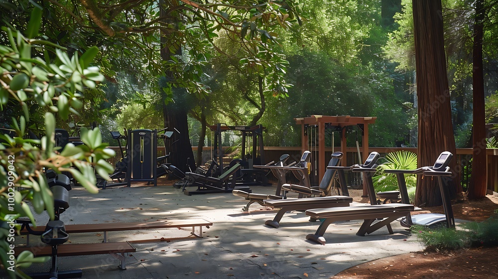 Φωτογραφία A well equipped fitness center beneath the shady redwoods