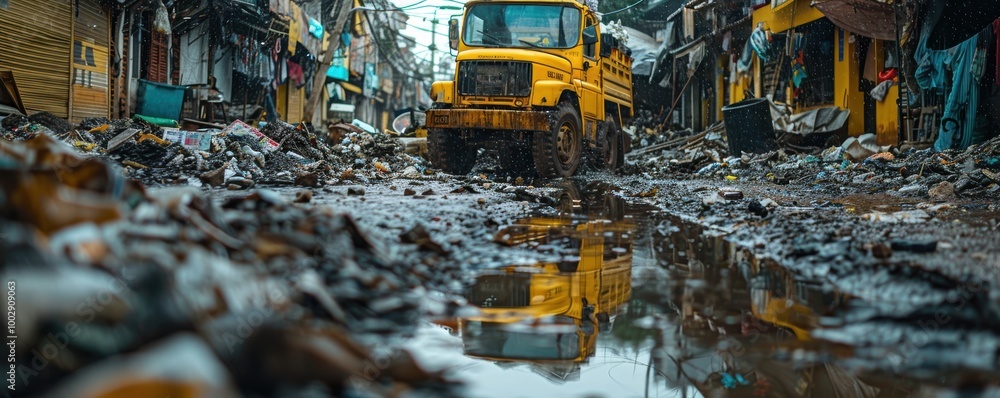 A yellow truck navigating through a flooded and cluttered street in an urban environment with debris and makeshift structures, highlighting the challenges of urban decay A yellow truck navigating through a flooded and cluttered street in an urban environment with debris and makeshift structures, highlighting the challenges of urban decay