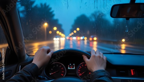 Person's hands on the steering wheel of a car, driving in rainy weather at night.  photo