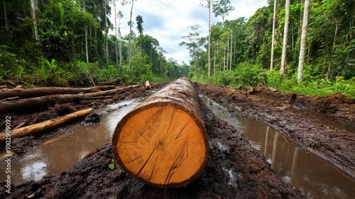 Log in a muddy forest area with lush green trees in the background.