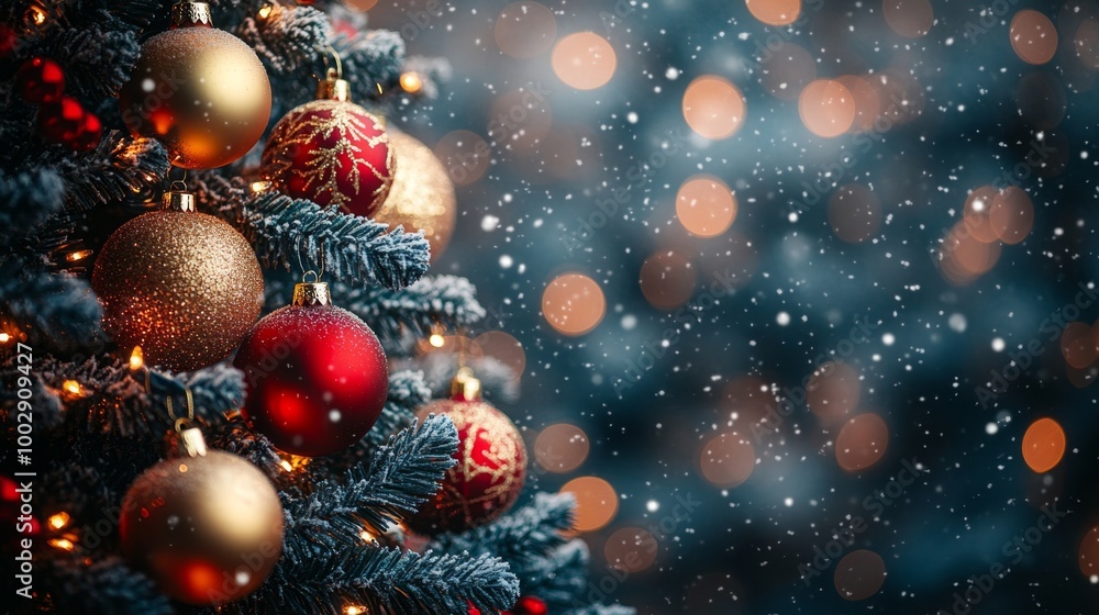 Christmas tree with red and golden baubles and lights bokeh background. Space for text. Copy space. Greeting card. Christmas tree with red and golden baubles and lights bokeh background. Space for text. Copy space. Greeting card.