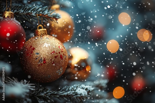 Christmas tree with golden baubles and lights bokeh background. Space for text. Copy space. Greeting card.