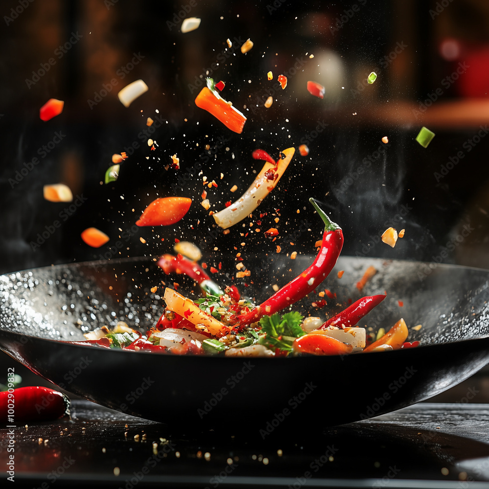 Fried Vegetables and Chili Peppers in Frying Pan Fried Vegetables and Chili Peppers in Frying Pan