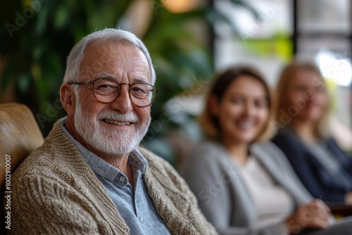 Excited elderly people attending group therapy session at nursing house, positive senior man and woman sitting in circle, having conversation with, Generative AI