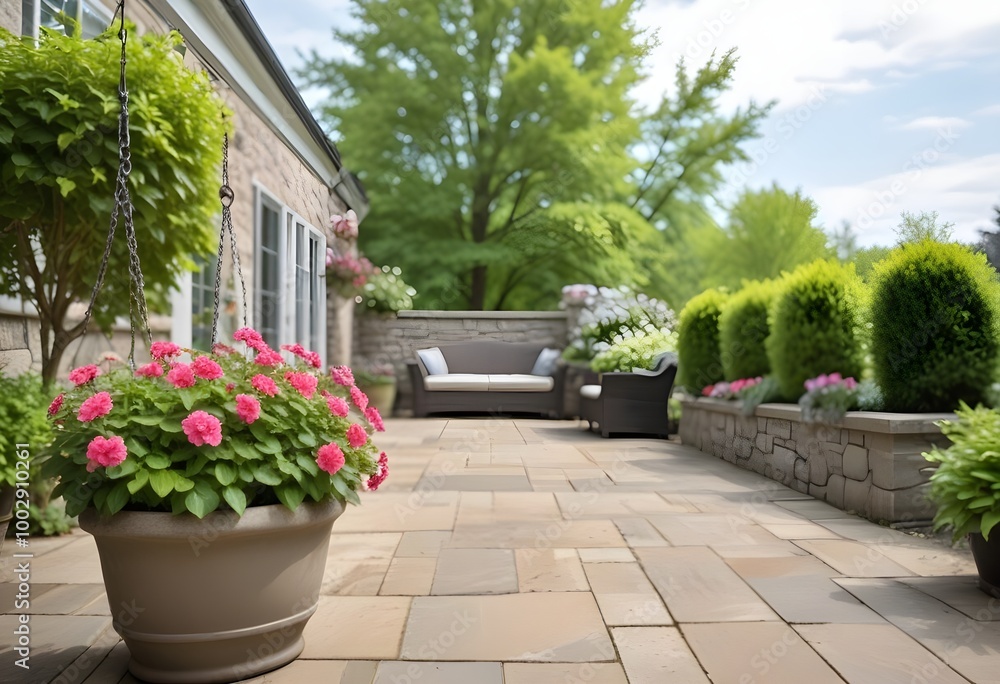 Fototapeta premium A stone patio with hanging baskets , overlooking a lush green garden with trees and shrubs in the background