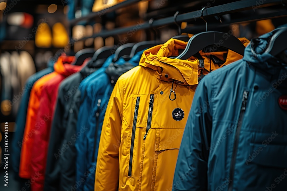 A rack of jackets with one of them being yellow A rack of jackets with one of them being yellow