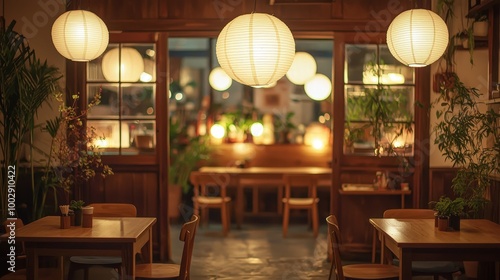 Serene Japanese-Style CafÃ© Interior with Minimalist Wooden Furniture, Soft Lighting, Potted Plants, and Paper Lanterns photo