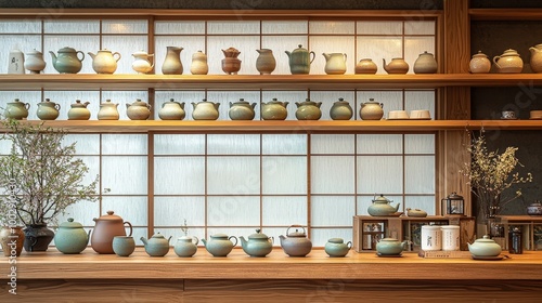 Serene Japanese CafÃ© Interior with Display of Ceramic Teapots on Wooden Counter Under Soft Light