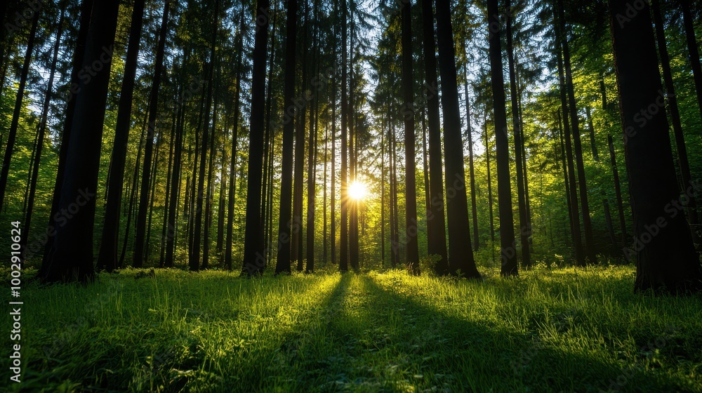 Obraz premium Sunlight filtering through tall trees in lush green forest, creating a peaceful atmosphere.