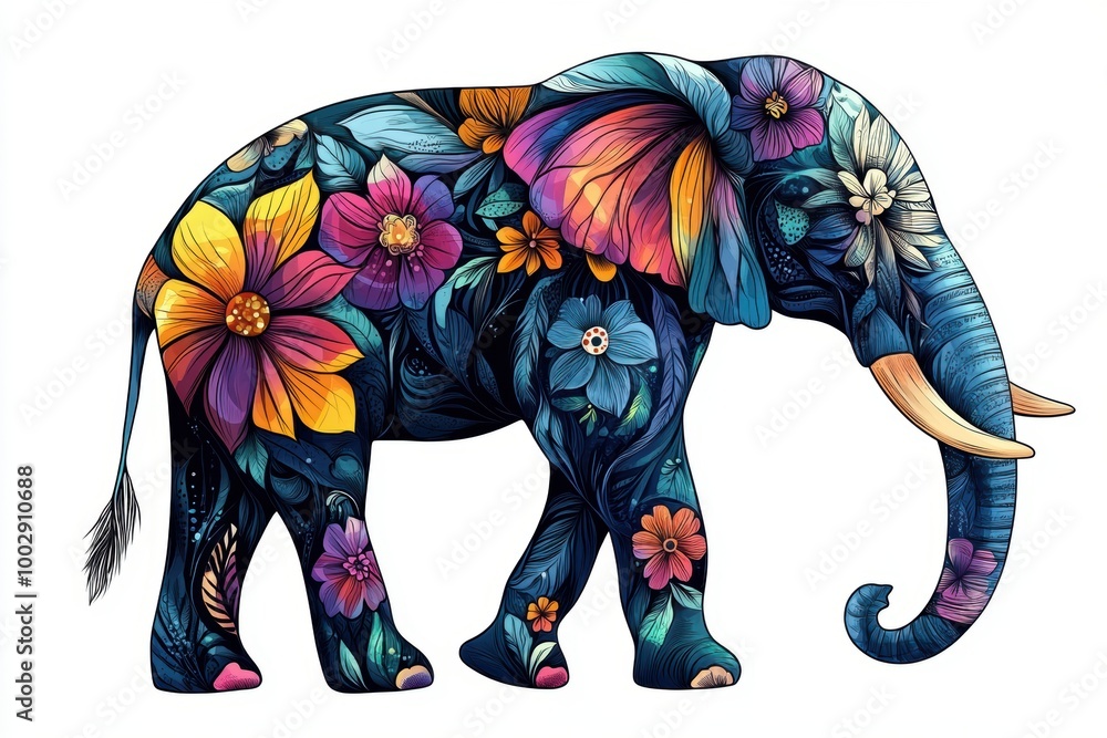 Obraz premium vibrant elephant sketch adorned with floral patterns, unique banner to advocate for wildlife preservation