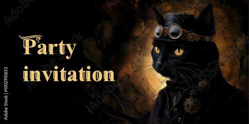 Black cat in hat and retro costume on dark background with decorative elements in steampunk style. Banner for stores, parties.  Black cat in the image of a gentleman in vintage style.   