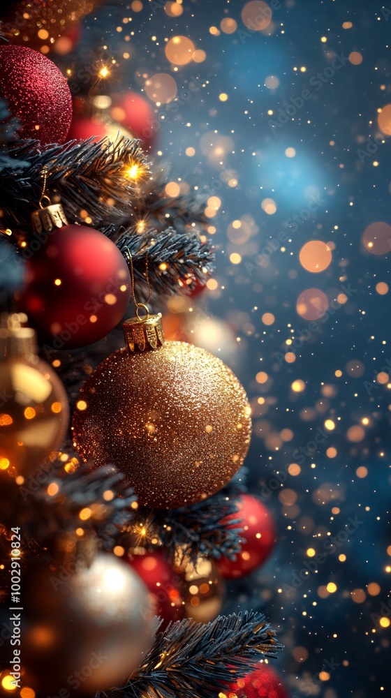 Christmas tree with red and golden baubles and lights bokeh background. Space for text. Copy space. Greeting card. Christmas tree with red and golden baubles and lights bokeh background. Space for text. Copy space. Greeting card.