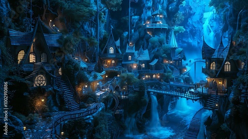 Wallpaper Mural A whimsical dream realm with blue lit houses Torontodigital.ca