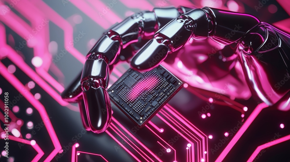 Metallic robotic hand holding a high-tech microchip, neon lights reflecting off the futuristic circuit board, representing AI and innovation in computing Metallic robotic hand holding a high-tech microchip, neon lights reflecting off the futuristic circuit board, representing AI and innovation in computing