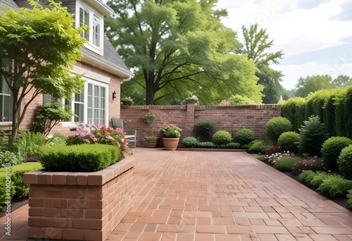 A brick patio with garden beds   overlooking a lush green garden with trees and shrubs in the background