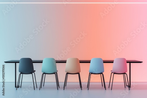 Minimalist interior with a row of colorful chairs around a black table, set against a glowing gradient background, blending vibrant design with modern aesthetics